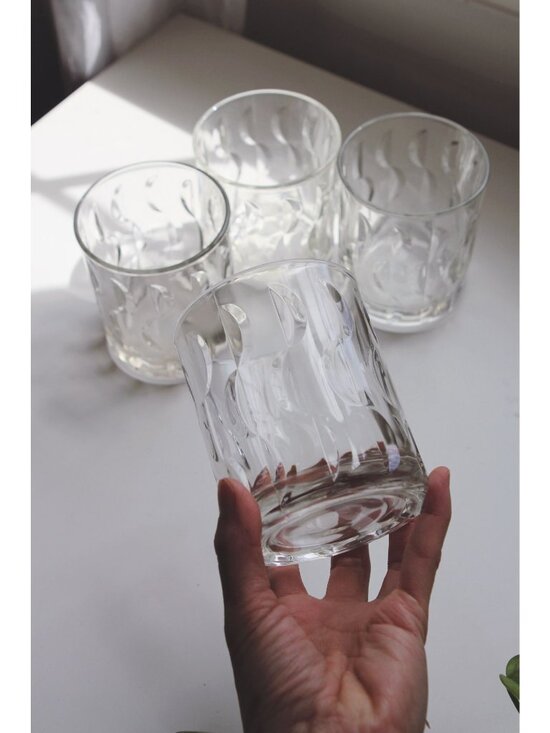 None Other - Vintage Clear Glass Tumblers Textured Wave, Crescent Moon or Half Moon Pattern,